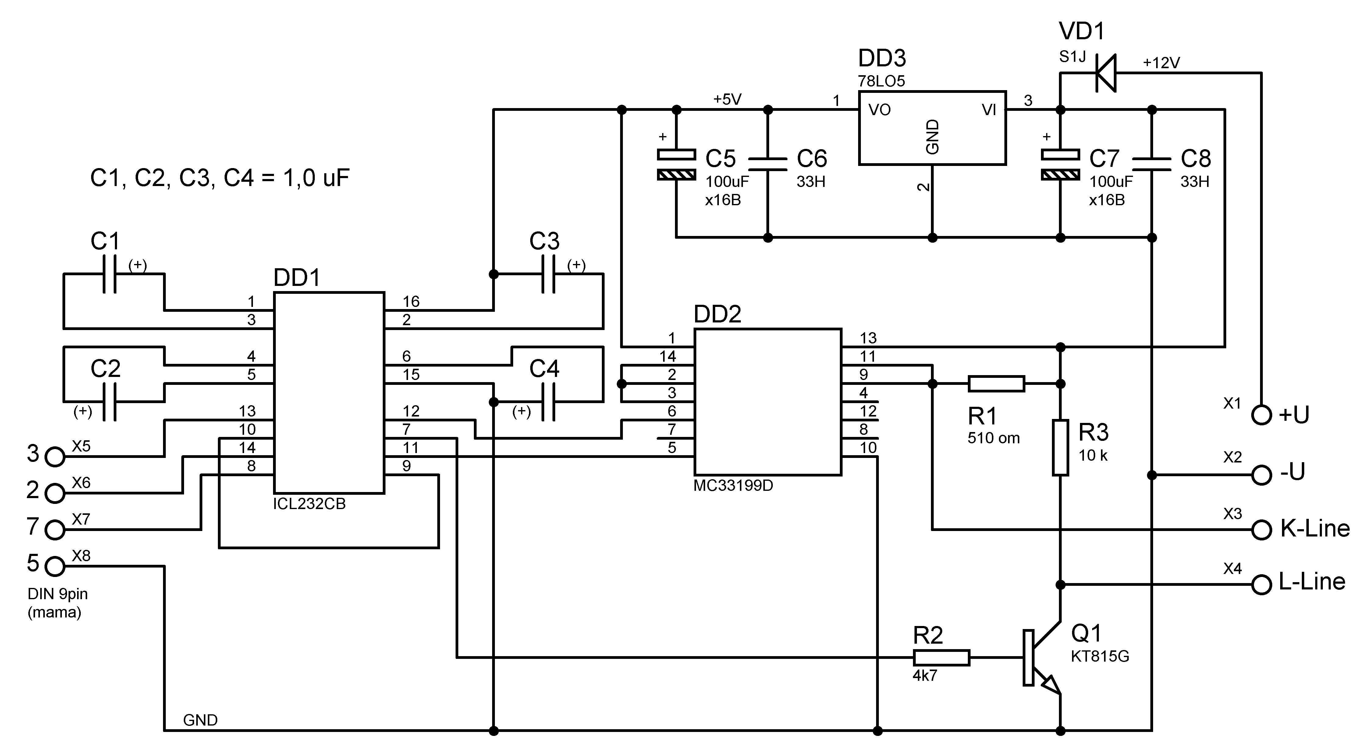 Схема адаптера K-L-Line с транзисторным  ключом.